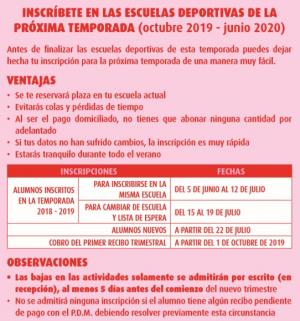 INSCRIPCIONES EN LAS ESCUELAS DEPORTIVAS DE OCTUBRE 2019 A JUNIO 2020 
