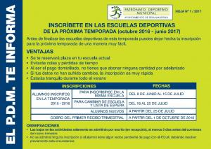 INSCRIPCIONES EN ESCUELAS DEPORTIVAS PARA LA TEMPORADA OCTUBRE 2016-JUNIO 2017